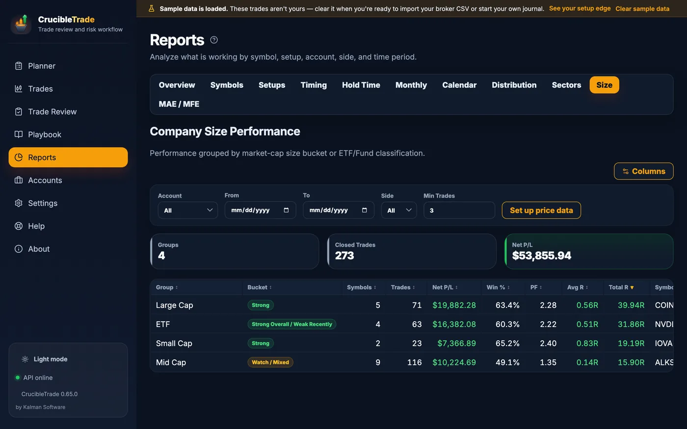 Company-size performance report: trades grouped by large, mid, small cap and ETF with net P/L, win rate and R, revealing which market-cap tiers suit your style.